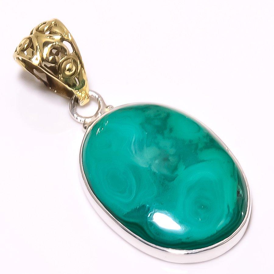 Натуральный драгоценный камень малахит из стерлингового серебра 925 пробы Подарочный двухцветный кулон 1,77 дюйма R2e60