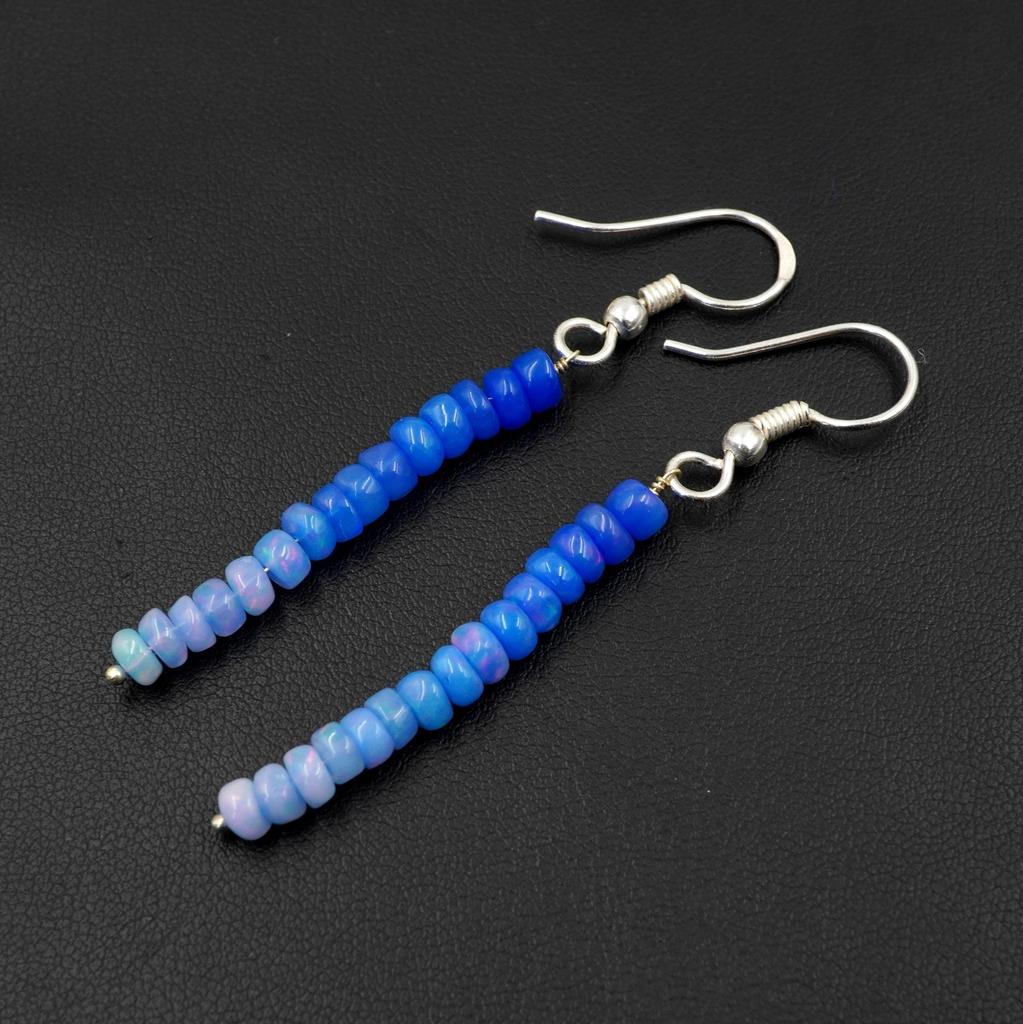 Natural Blue Multi Fire Ethiopian Opal Cabochon Beaded Earrings, 925 Silver , Rainbow Gemstone
