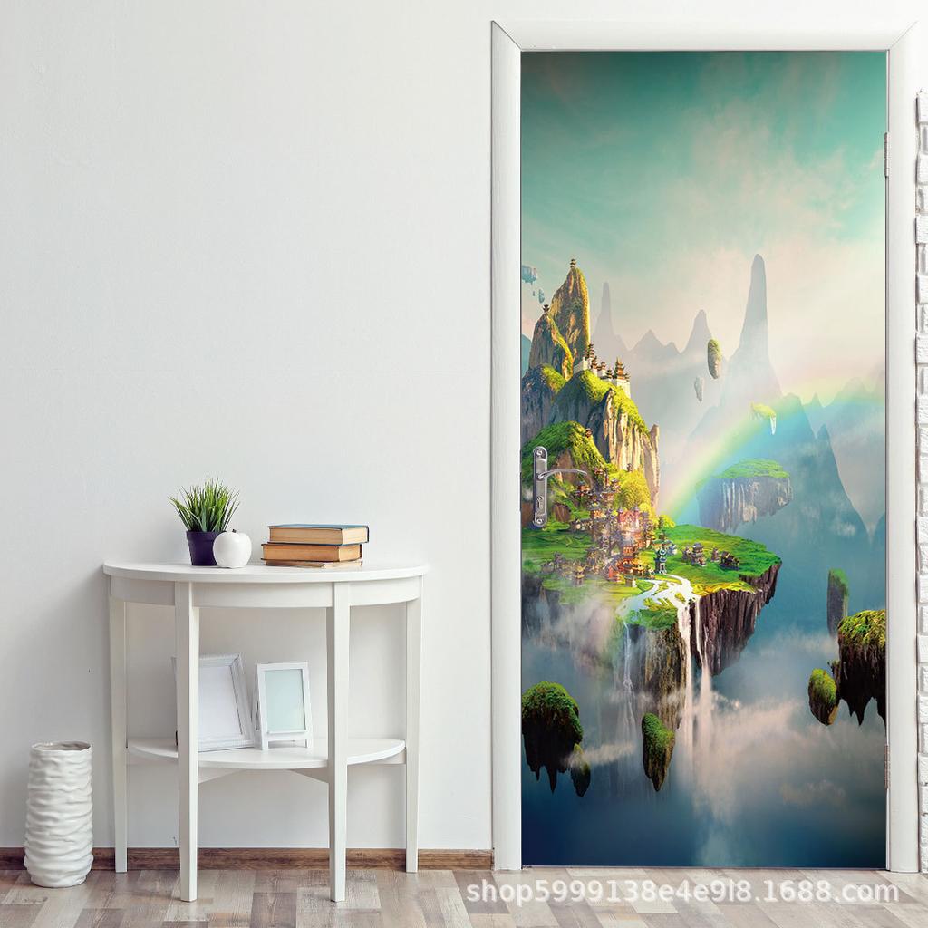 3D Creative Wooden Door Decoration Stickers Marble Simple Abstract Lines Flowers Wallpaper For Living Room Home Decor Bedroom Art Decals