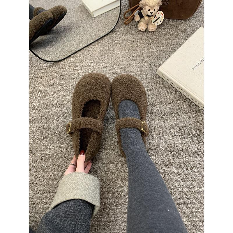 Gray Mary Jane Mao Mao shoes women's winter new woolen single shoes women's flat-bottomed velvet thermal cotton shoes