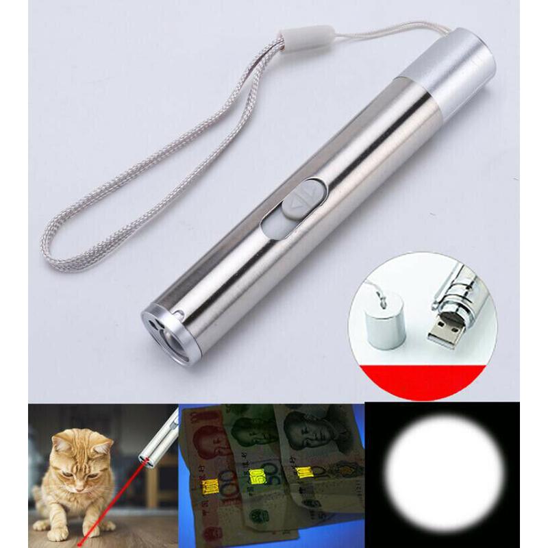 Mini 3 In 1 Cat Laser Pointer Toy USB Rechargeable Flashlight UV Light