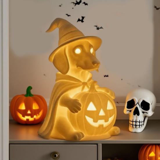 Dachshund Ghost Lamp Halloween Glowing Ghost Dog Lamp Cute Dog Pumpkin Statue Night Light for Home Bedroom Shelf Table Centerpiece