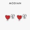 Серьги-гвоздики Modian Hearts с красной эмалью, стерлинговое серебро 925 пробы, круглые серьги с винтами и бусинами, модные серьги для женщин, изящные ювелирные изделия