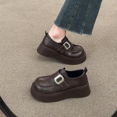 Черные туфли-лодочки на платформе с круглым носком из высококачественной кожи, женские, весна 2025, новые туфли-маффины, милые, крутые, одинарные туфли, лоферы