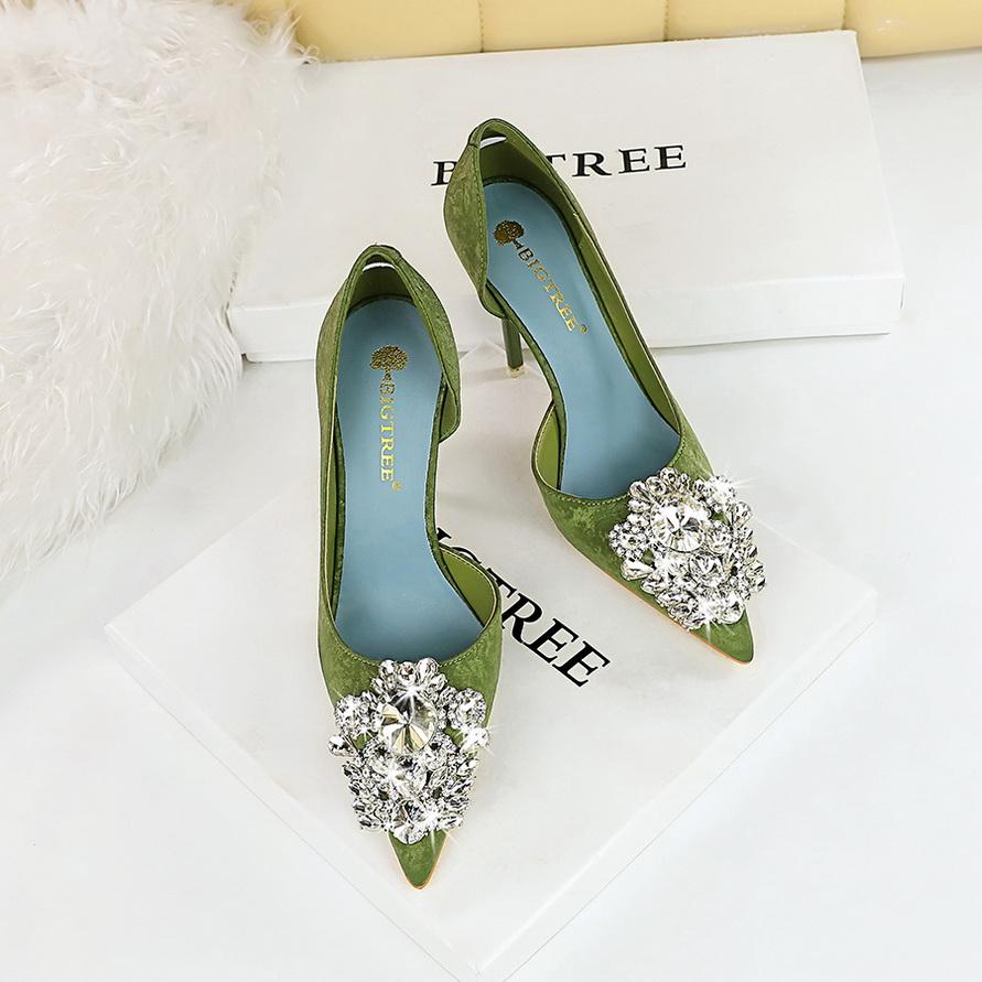 Women's Banquet High Heels Slim Heels Shallow Mouth Pointed Side Hollow Water Diamond Single Shoes