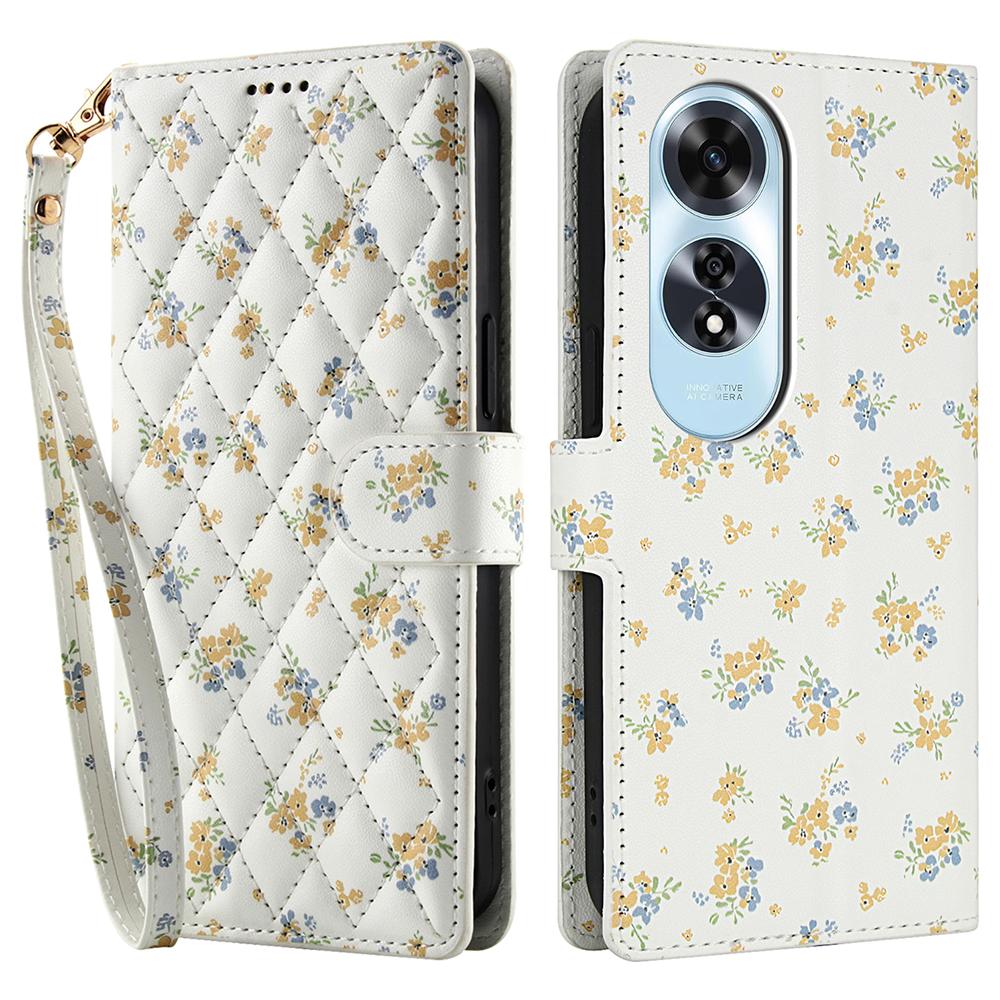 For Oppo A60 4G Wallet Case Rhombic Floral Design Leather Flip Phone Cover with Strap