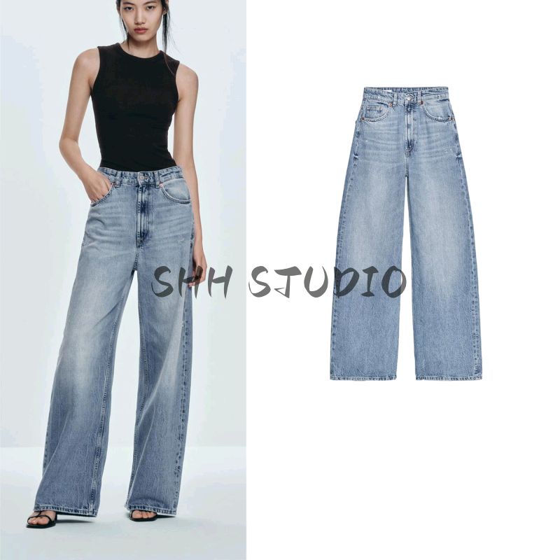 Summer New Product Women's Clothes Metal Button Decoration Cotton Retro High Waist Extra Wide Trouser Legs Denim 6688027