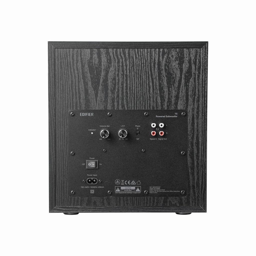 Сабвуфер Edifier T5 Номинальная выходная мощность 70 Вт Может быть установлен на акустику Оснащен 8-дюймовыми динамиками Фильтр нижних частот Переключатель PHASE RCA Японский