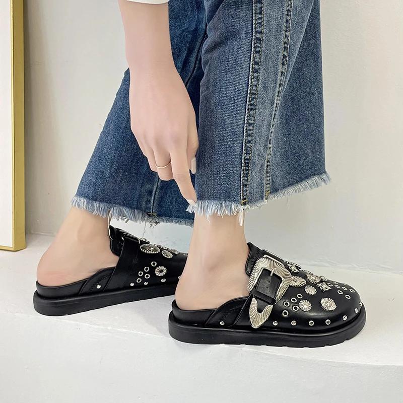 Fashion 2024 New Summer Women Slippers Platform Rivets Punk Rock Leather Mules Creative Metal Fittings Casual Party Shoes Female Outdoor