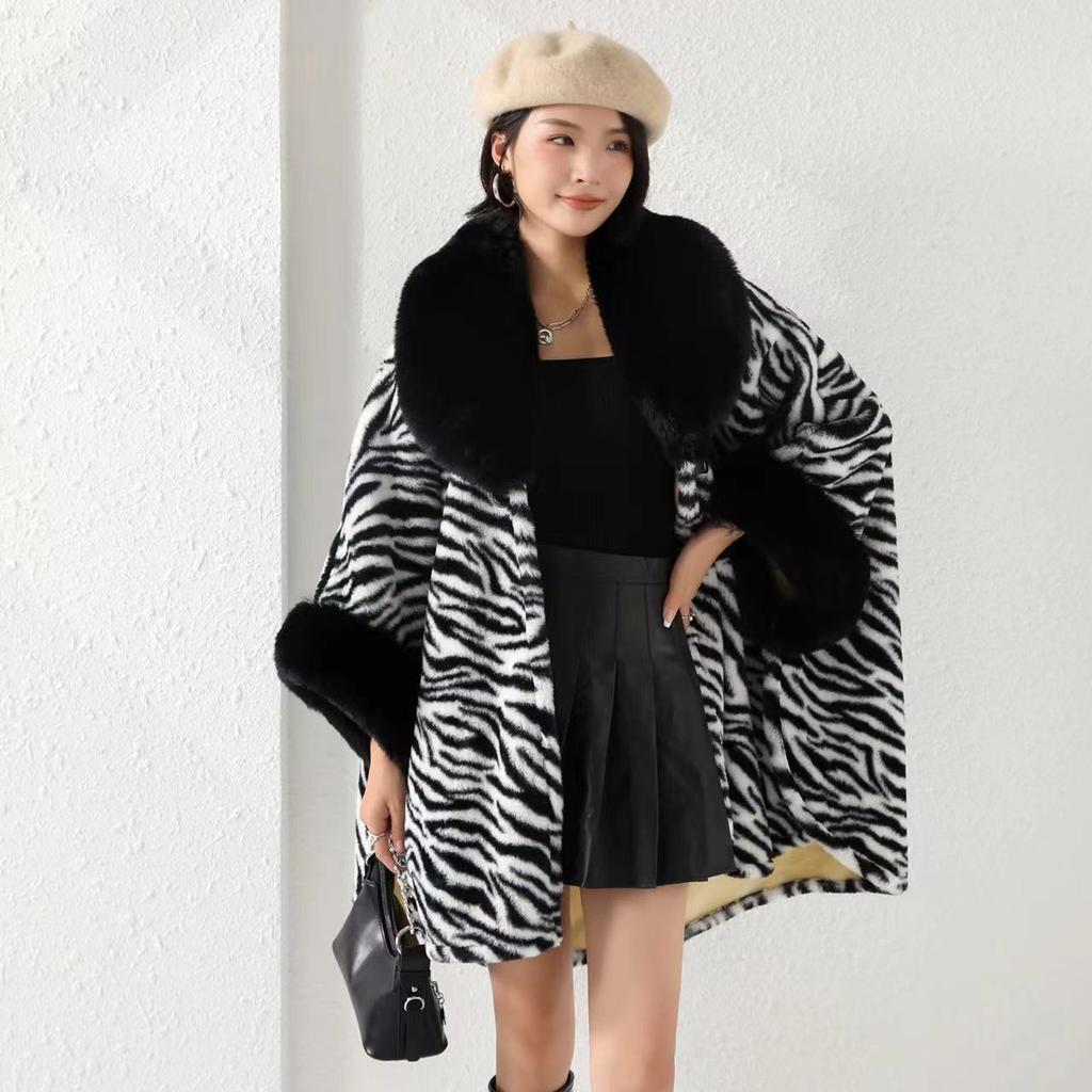 Medium-length Faux Otter Rabbit Hair Collar Cape Shawl Women's Loose Bat Sleeve Printed Cardigan Large Size Tweed Jacket