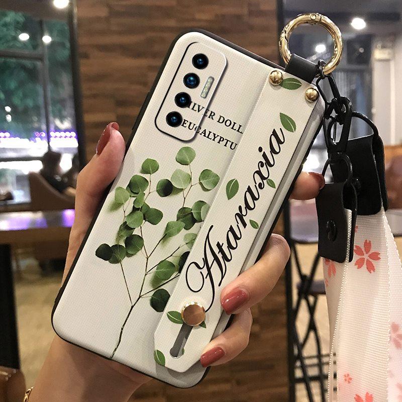 Soft Case Silicone Phone Case For Tecno Camon17P Dirt-resistant Flower Durable Wrist Strap Wristband Lanyard Ring