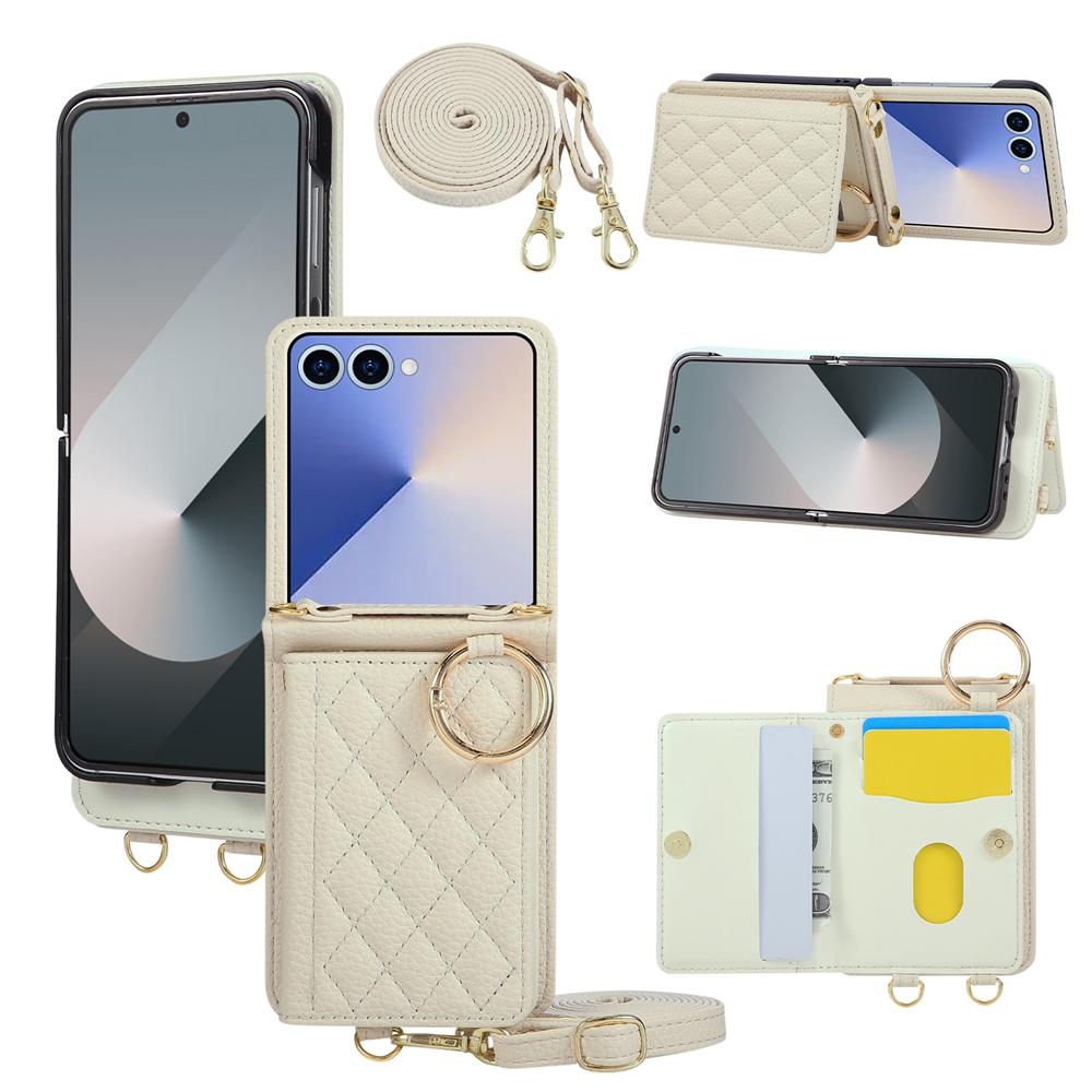 Grid Crossbody Case for Samsung Z Flip 8 7 Fe 6 5 4 3 Flip7 Flip6 Flip5 Flip4 Leather Case Lanyard Phone Case Cards Cash Pocket