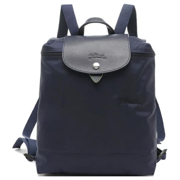 Longchamp Le Pliage Green 26 Однотонный Рюкзак на кнопке-молнии Мягкий переработанный холст с кожаной отделкой Женский рюкзак Темно-синий 1699919P68