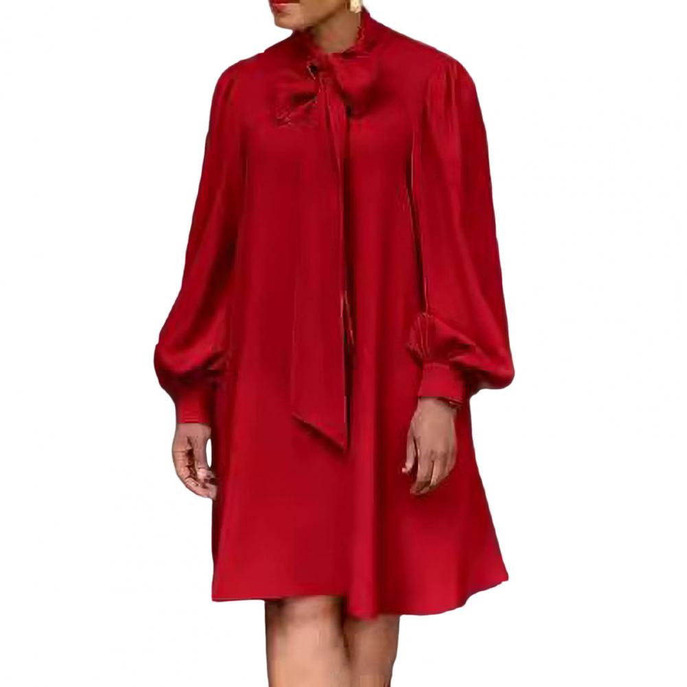 Женское платье свободного кроя Шнуровка Бант на шее Длинные рукава-фонарики Однотонное Длина до колена Формальное Для офиса Повседневное Миди-платье