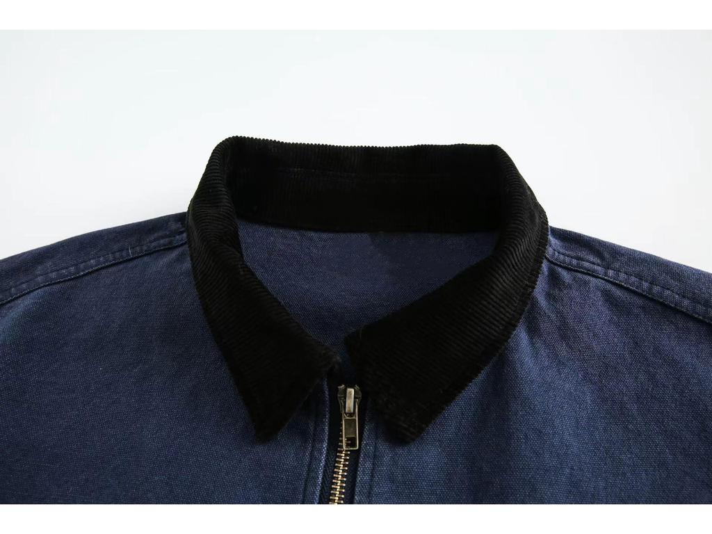 Мужская ретро-куртка Detroit Workwear синего цвета - Тяжелая весенне-осенняя с цветовыми блоками, с воротником, верхняя одежда