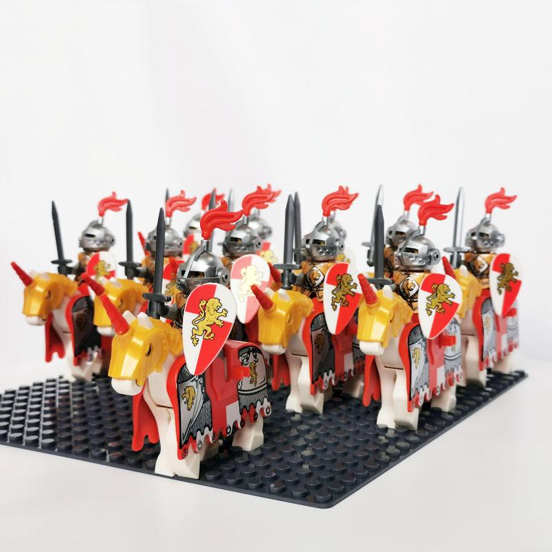 Medieval Knights Castle Cavalry Rohan Soldiers Guard Army Lotr Cavalier With Weapon Armor Helmet Shield and Horse Figure Blocks