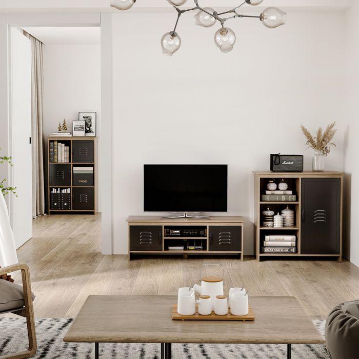 HOMCOM - Meuble TV - Panneau de particules classe E1 - 109x35x38cm - Brun clair, Noir
