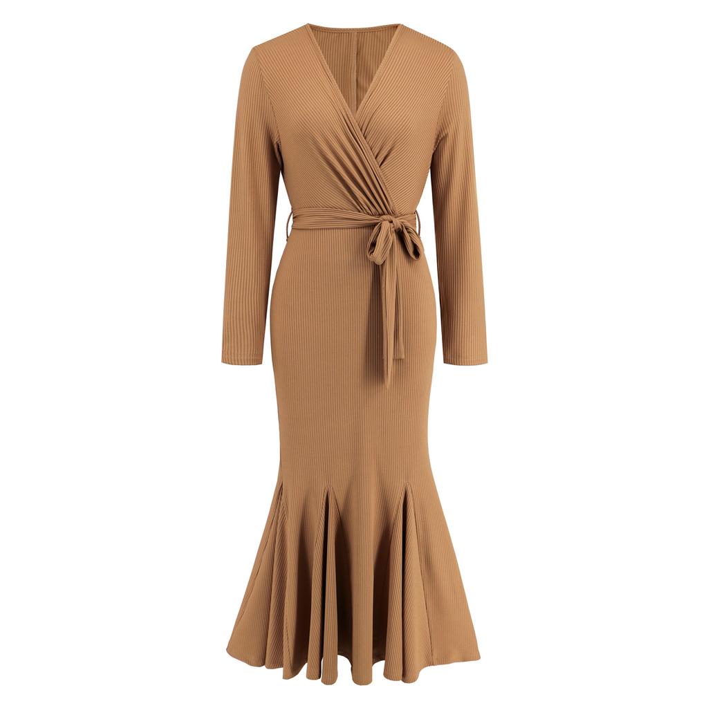 Women's Spring and Autumn V-neck Long-sleeved Slim Temperament Fishtail Dress Knitted Long Dress