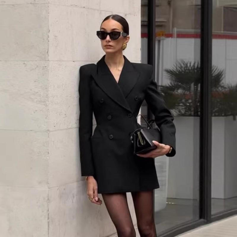 Womens Elegant V-Neck Long Sleeve Blazer Dress Slim Fit High Waist Solid Color Office Workwear