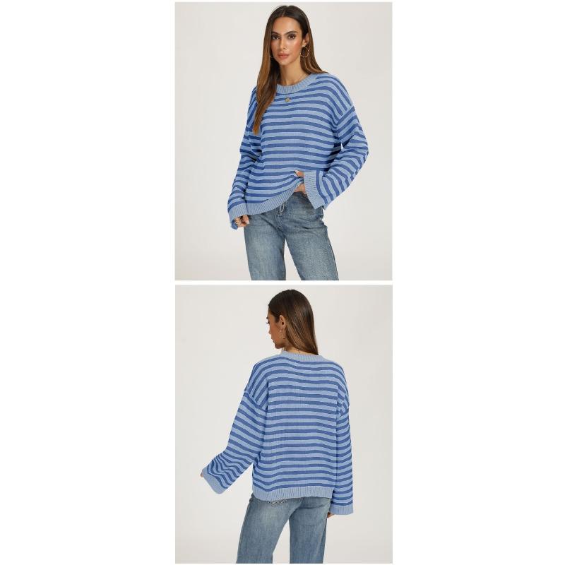 Women Loose Striped Pullover Sweater Crew Neck Long Sleeve Knitwear Autumn Winter