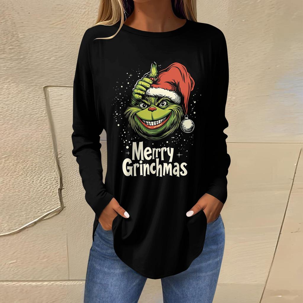 Women's Loose Round Neck Print Long Sleeve T-Shirt Top Pullover