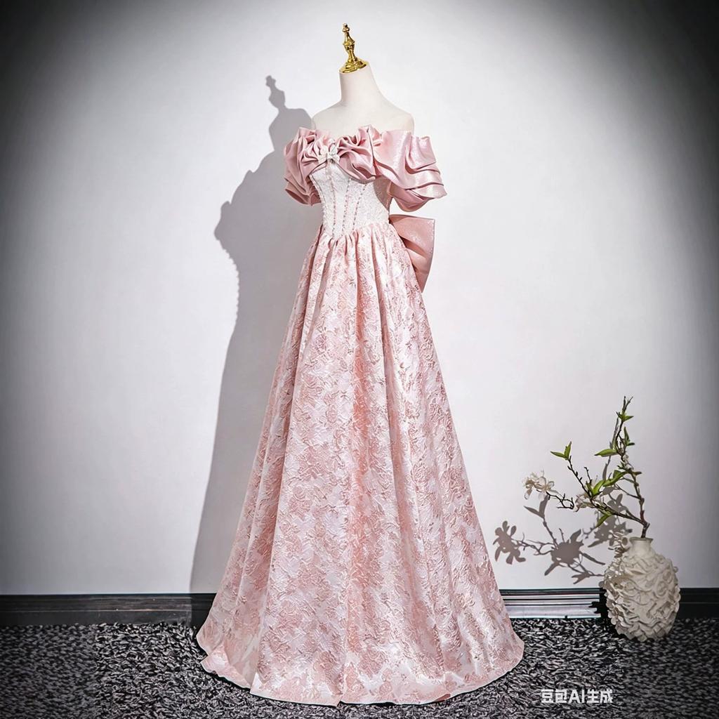 Banquet evening dress new one-word shoulder bar mitzvah French retro high-end light luxury niche birthday dress dress