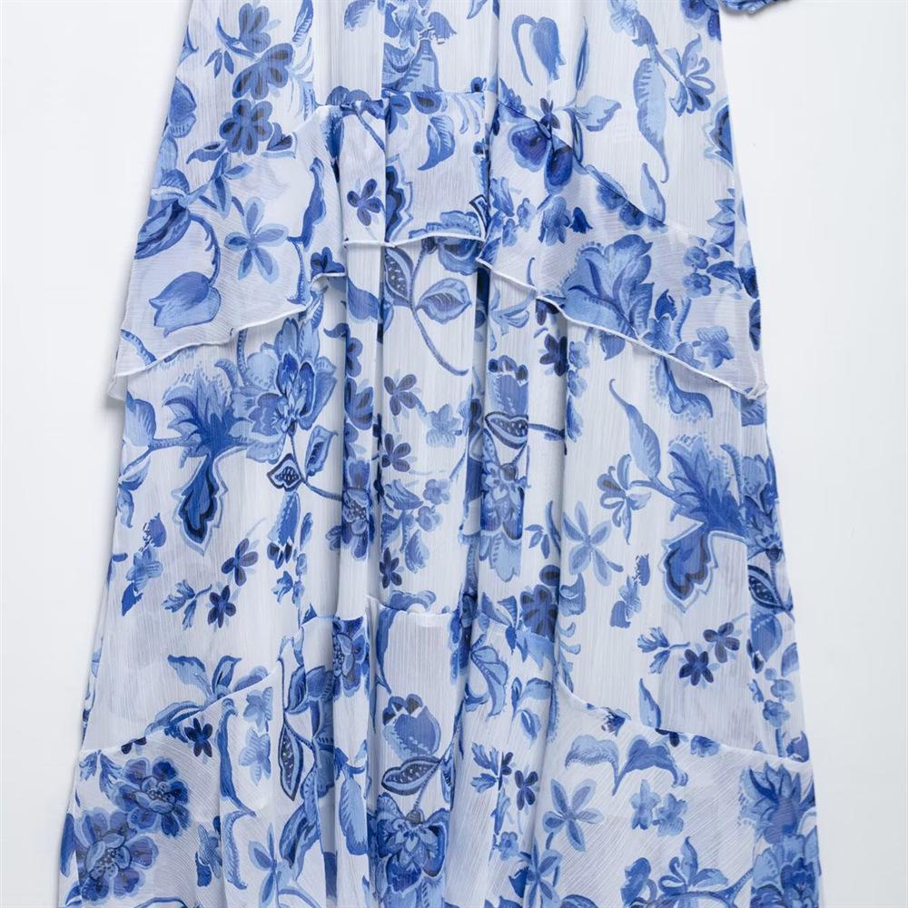 Весна/Лето 2025 Женское Приталенное Миди-платье с V-образным вырезом, поясом и принтом