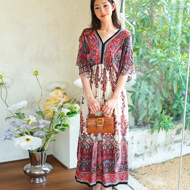 Женское повседневное платье с цветочным принтом и V-образным вырезом, неровный тон, повседневное, с круглым вырезом, длинное