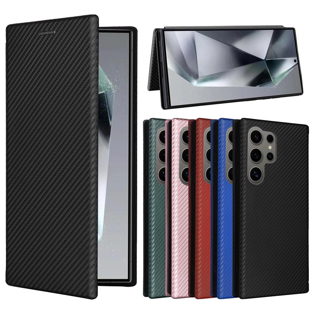 Чехол-книжка из кожи с карбоновыми элементами для Samsung S24 Ultra.