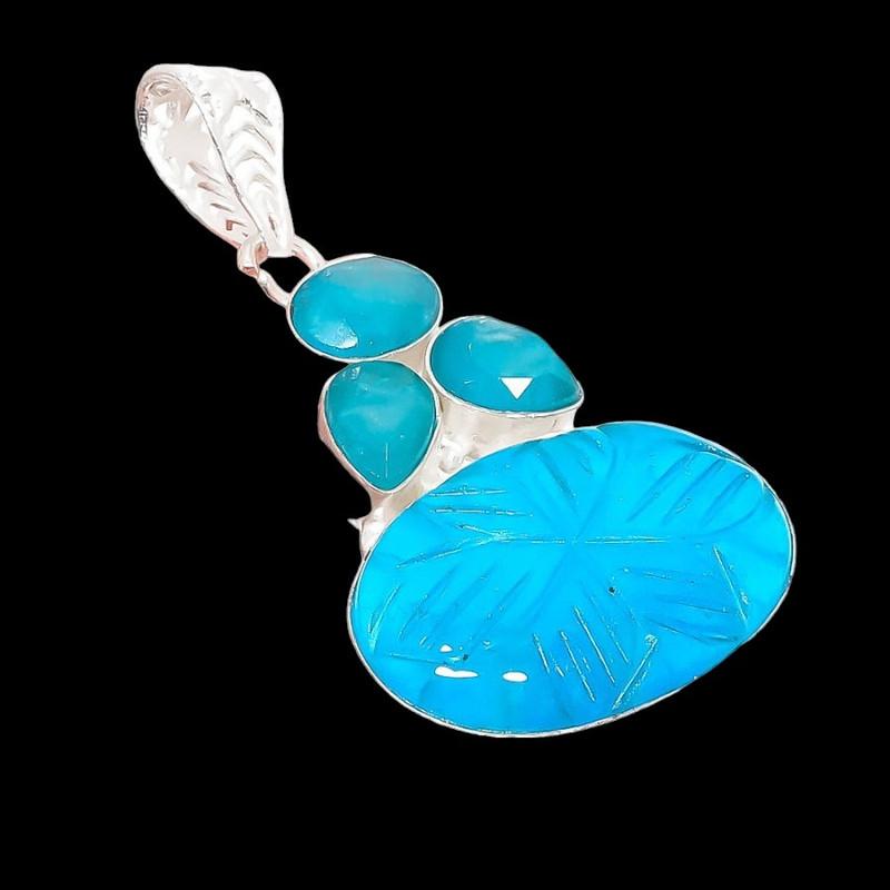 Neon Blue Apatite, Chalcedony Gemstone 925 Sterling Silver Jewelry Pendant 2.21" AH-5223