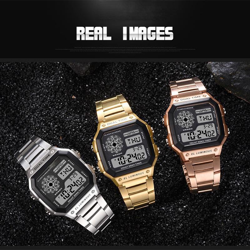 Наручные часы из нержавеющей стали, мужские цифровые спортивные часы с квадратным лицом и будильником, секундомер