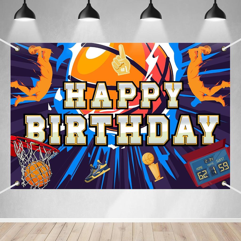 Basketball Happy Birthday Backdrop Banner Athletic Stars Dunk Sports Theme Background Decor for Home Indoor Outdoor Play