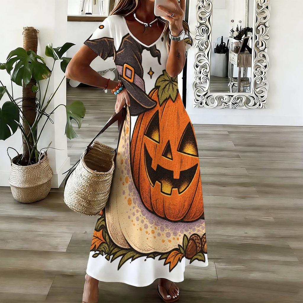 Women Plus Size V Neck Short Sleeve Bear Pumpkin Printed Long Dress
