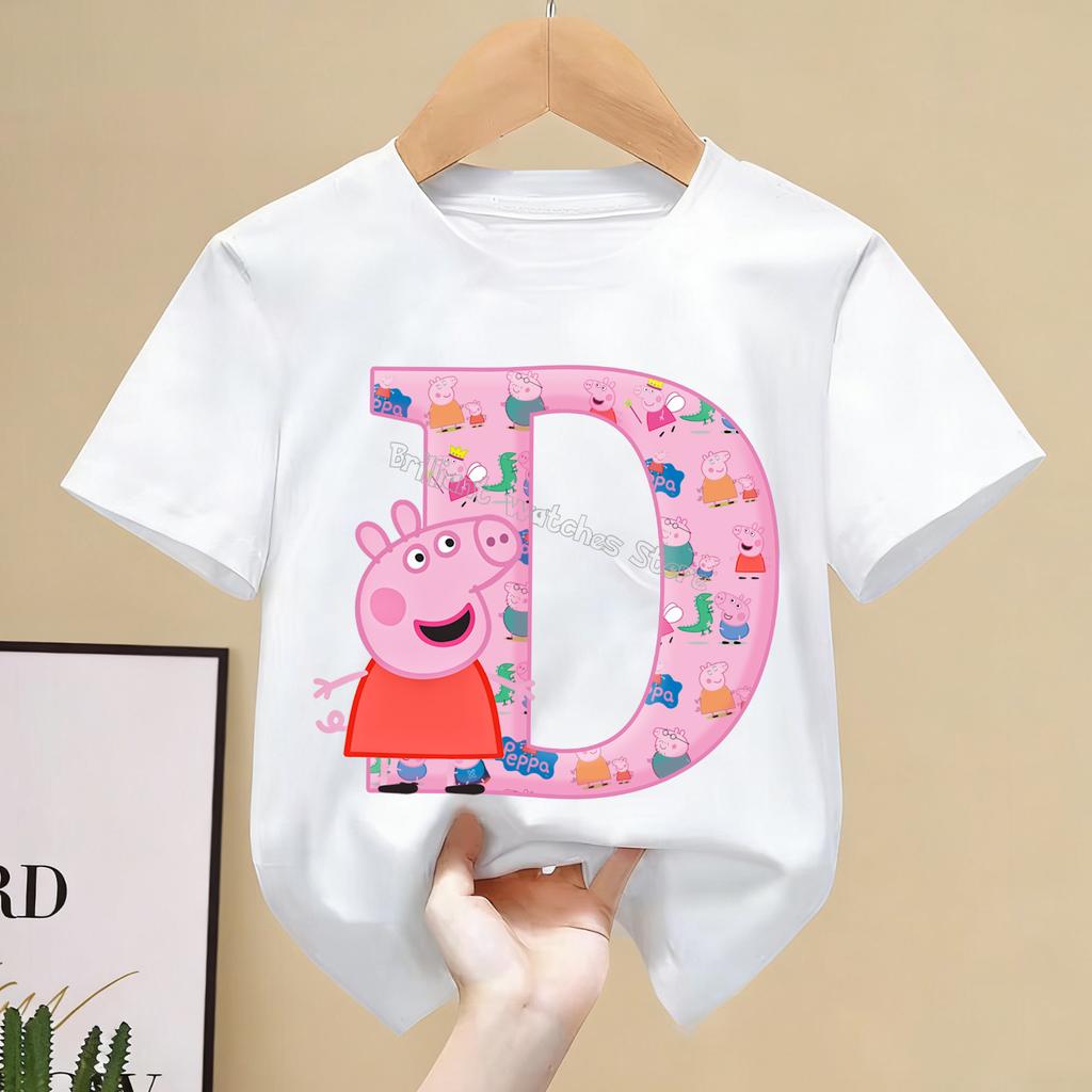 Peppa Pigs T-shirt for Children Cartoon Letter A-Z Tee Top Kawaii Anime Round Collar Clothes Boys Girls White Clothing Kids Gift