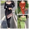 Square Neck Ribbed Thickened Warm Knit Dress Women's Long Sleeve High Stretch Basic Jumpsuit and Top