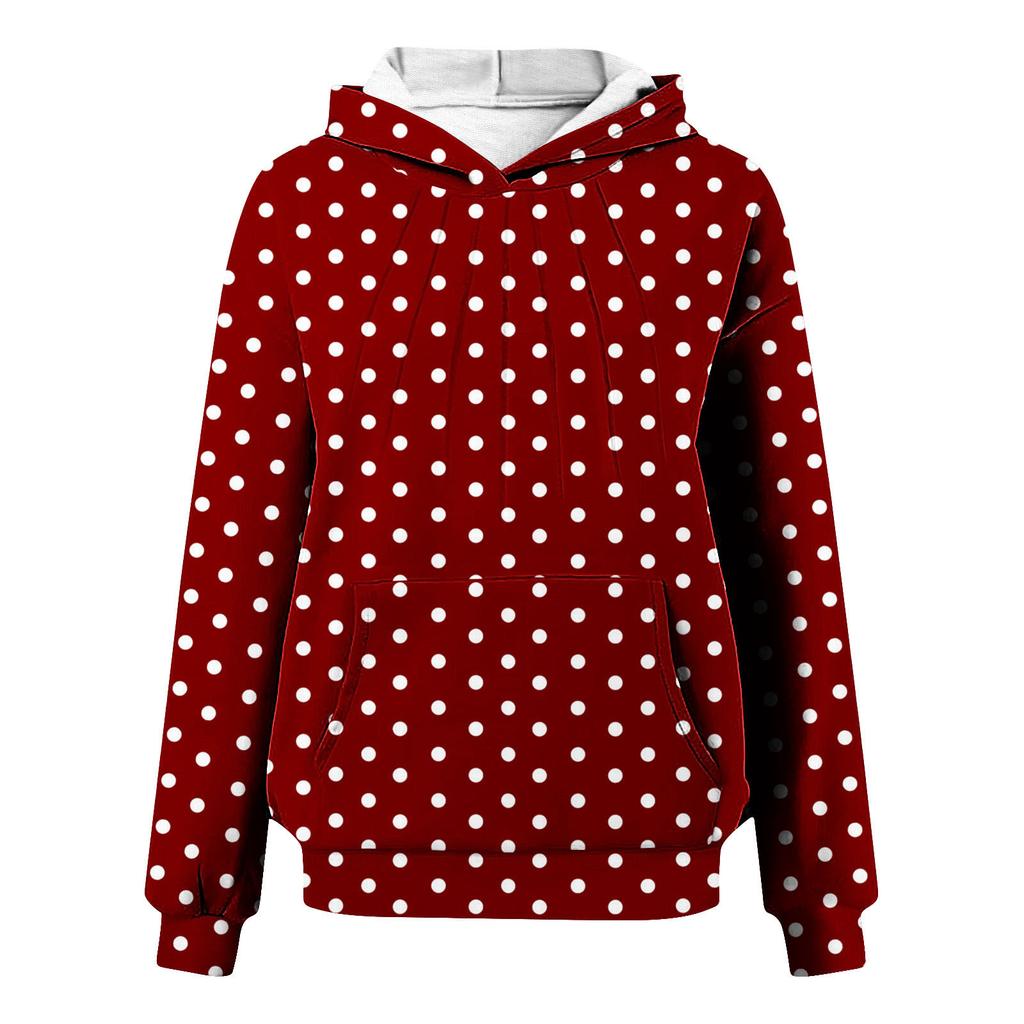 Women's Pleated Polka Dot Long Sleeve Hooded Sweatshirt