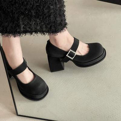 Простые ретро туфли Мэри Джейн на толстом каблуке женские летние французская мода однотонные одинарные туфли повседневные с ремешком на подъеме туфли на высоком каблуке