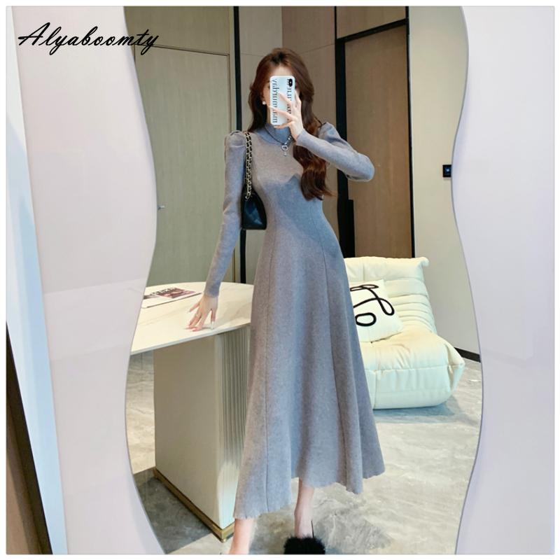 Французский стиль, осенне-зимнее женское платье-свитер миди, с половиной воротником, черное, серое, кофейное, вязаное платье, элегантное женственное трикотажное платье