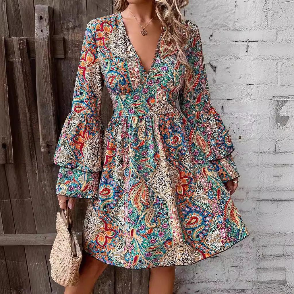 Women's Fashion Spring Fall Long Sleeve V-Neck High Waist Casual Dresses