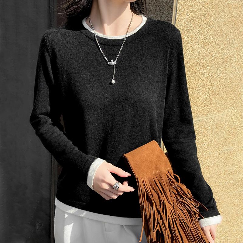 Color-blocking Round Neck Base Shirt for Women Loose Long-sleeved Spring New Worsted Wool Fake Two-piece Knitted Sweater