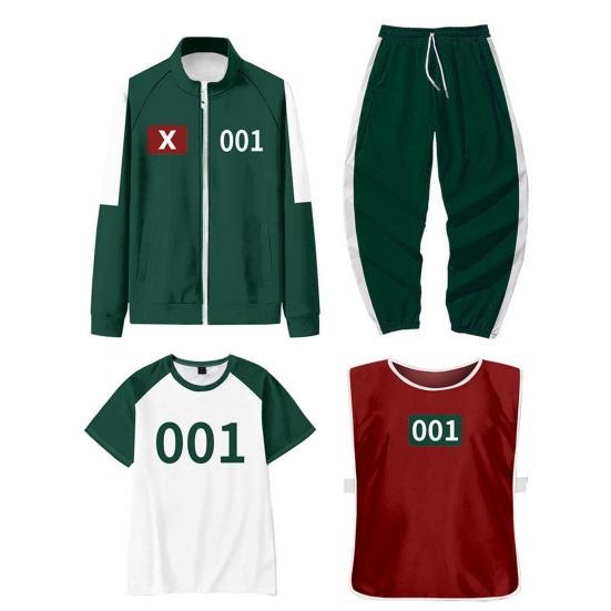 4 шт./компл. Костюм для косплея из сериала «Игра в кальмара», толстовка, куртка, брюки, футболка, жилет, комплект, куртка на молнии, брюки на шнурке, спортивный костюм для косплей-вечеринок, на каждый день