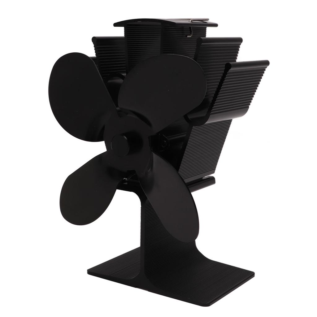 Heat Powered Fireplace Fan 4 Blades Aluminum Alloy Stove Fan High Temperature Proof Black Eco
