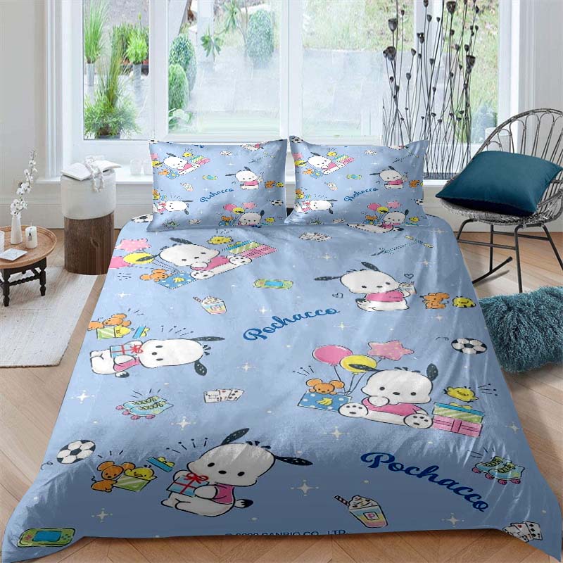 The new cartoon Pochacco dog themed three piece bedding set for 2026, including duvet covers and pillowcases, is the perfect cho