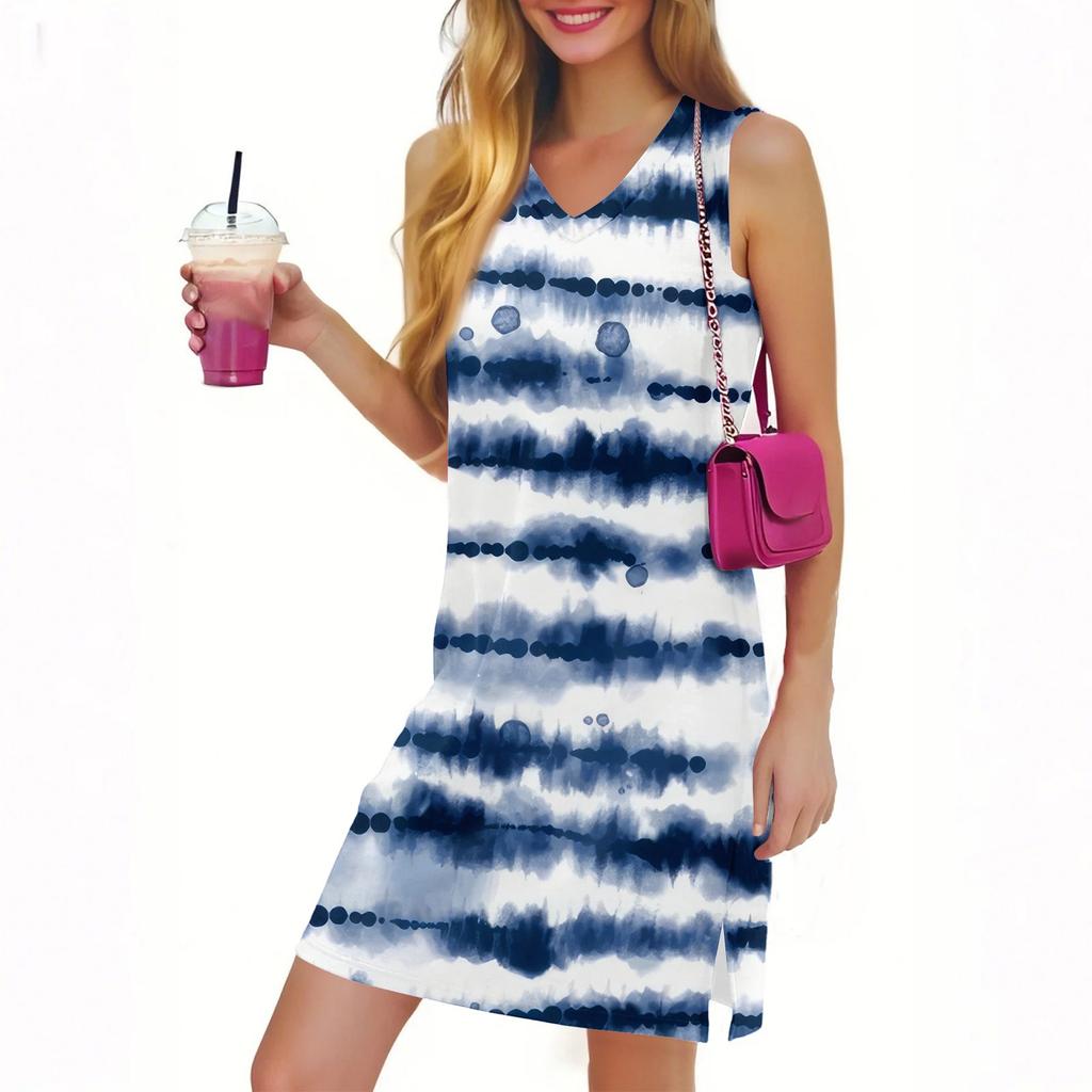 V-образный вырез Летнее повседневное пляжное платье для женщин Отдых Женский сарафан без рукавов с разрезом