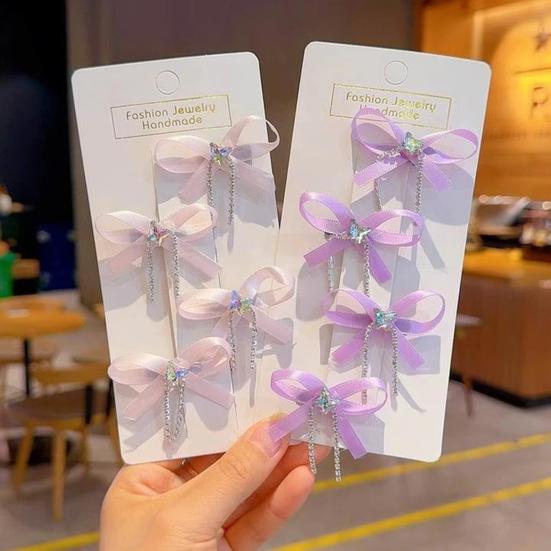 2Pcs Hairpin Soft Ribbon Bowknot Decor Smooth Edges No Hair Pulling Rhinestone Bow Chain Tassels Hair Clip Kids Hair Accessories