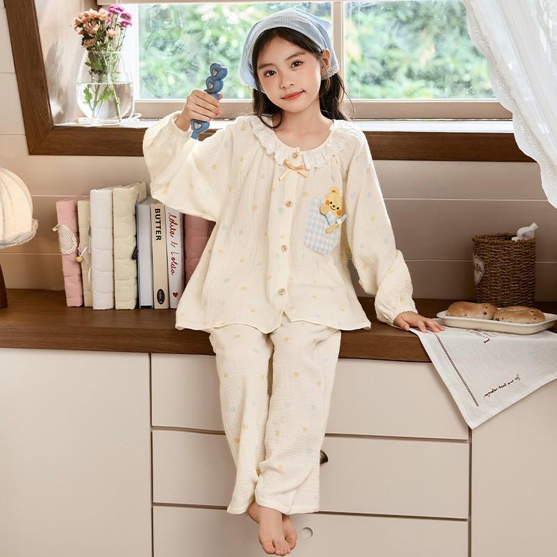 Girls Cotton Gauze Pajama Set Long Sleeve Cartoon Print Sleepwear Ages 8 Fall Comfortable Home Outfit