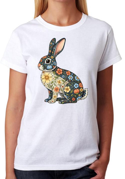 Floral Bunny Rabbit Artwork Ladies T-Shirt Cute Cottagecore Art Tee