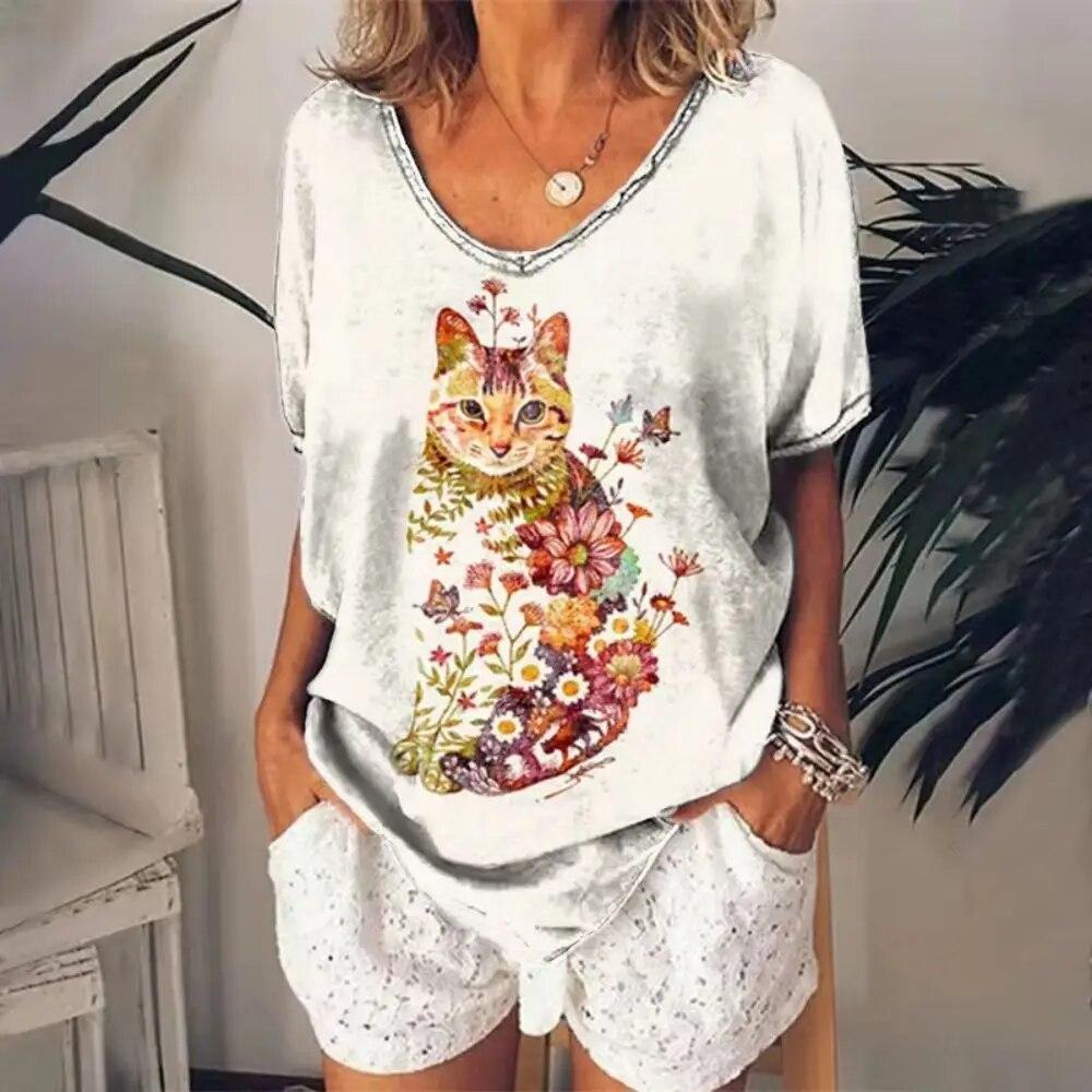 Summer Casual V-neck T-shirt Women's Cat Print Shirt Top Loose Vintage Women's Street Wear Short Sleeve Clothes XXS-6XL