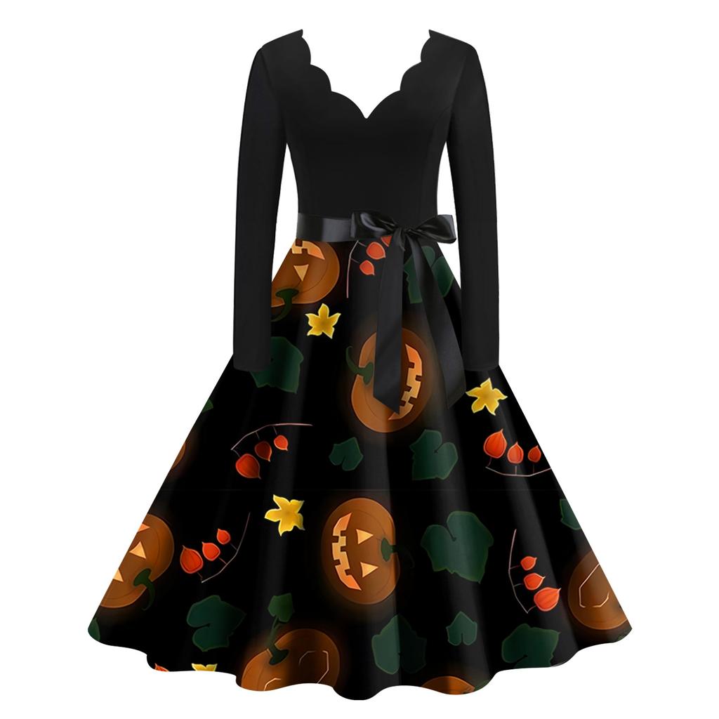 Хэллоуин Женское Повседневное Модное Платье с V-образным Вырезом и Принтом В Винтажном Стиле