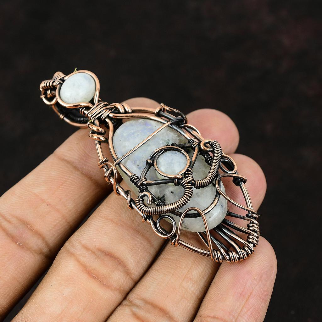 Подвеска с лунным камнем от сглаза, медная проволочная обертка, медная бижутерия с лунным камнем, подвеска ручной работы, ювелирные изделия от сглаза, медная дизайнерская подвеска